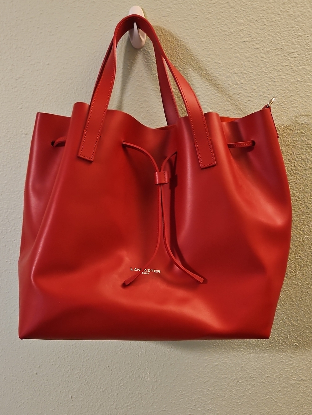 LANCASTER Red Leather Drawstring Tote Shoulder Bag